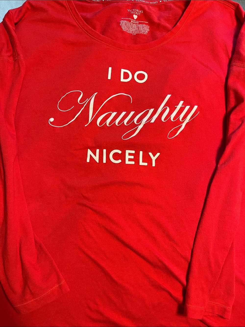 Victoria's Secret Red Long Sleeve Sleep Shirt with "I Do Naughty Nicely" Script